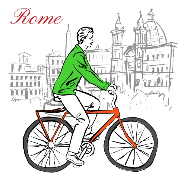Hombre en bicicleta en Roma — Vector de stock