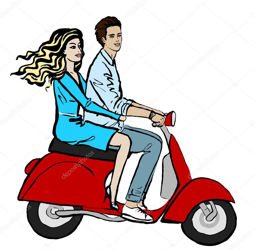 couple driving scooter