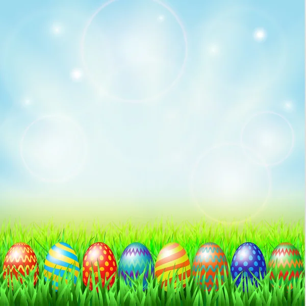 Huevos de Pascua, verde prado soleado — Vector de stock