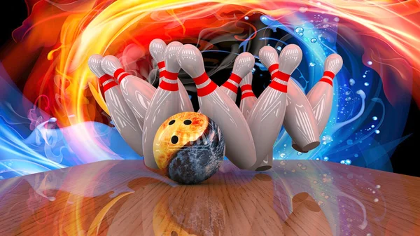 3D-Darstellung einer Bowlingkugel, die in die Stifte kracht — Stockfoto