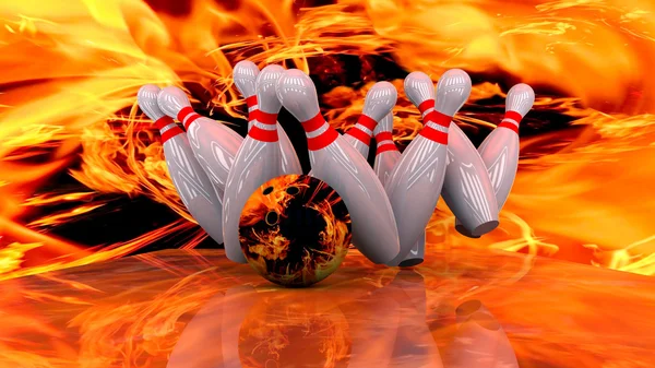 3D render van een bowling bal crashen in de pinnen — Stockfoto