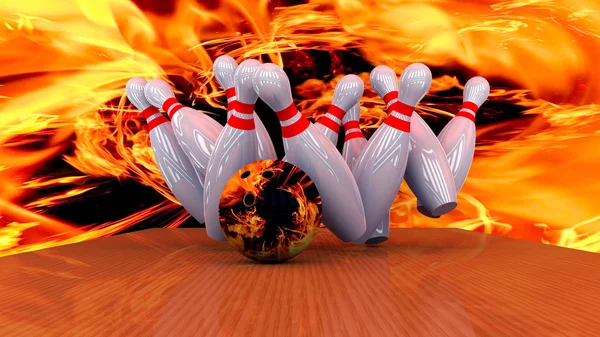 3D render van een bowling bal crashen in de pinnen — Stockfoto