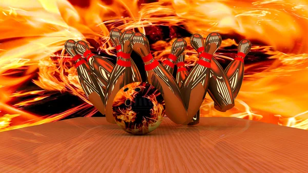 3D render van een bowling bal crashen in de pinnen — Stockfoto