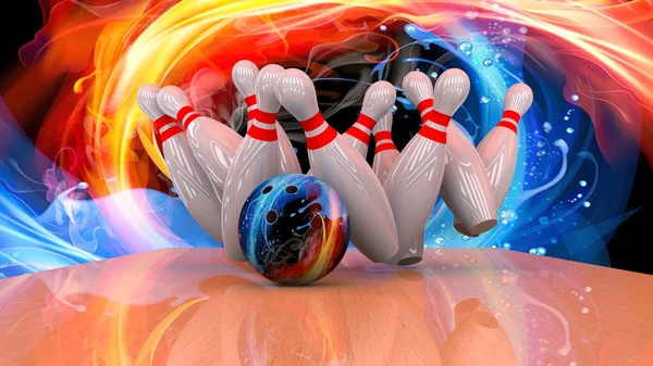 3D render van een bowling bal crashen in de pinnen Stockfoto