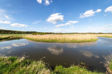 Mavi gökyüzü açık mavi nehrin üzerindeki bulutlarla