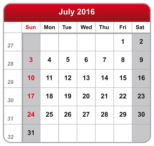Takvim sayfası Temmuz 2016 — Stok Vektör