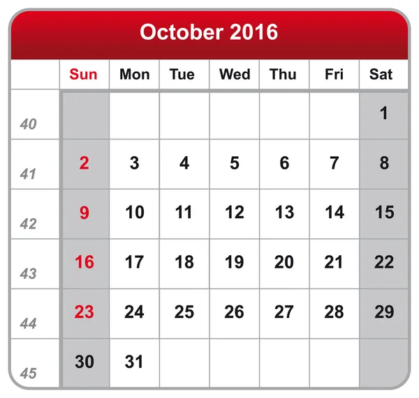 Fiche calendrier octobre 2016 — Image vectorielle