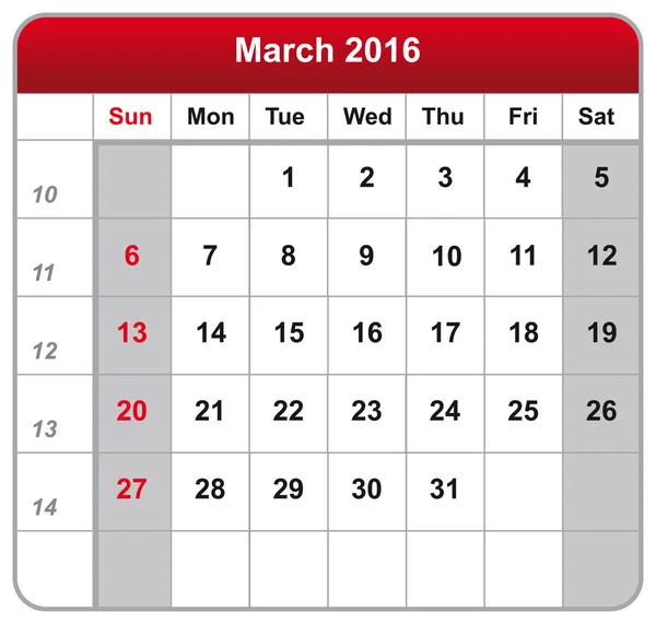 Foglio calendario marzo 2016 — Vettoriale Stock