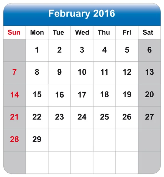 カレンダー シート 2016年 2 月 — ストックベクタ