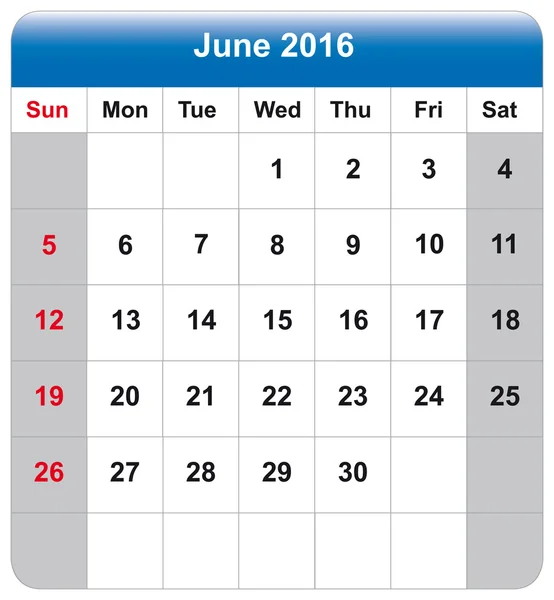 Takvim sayfası Haziran 2016 — Stok Vektör