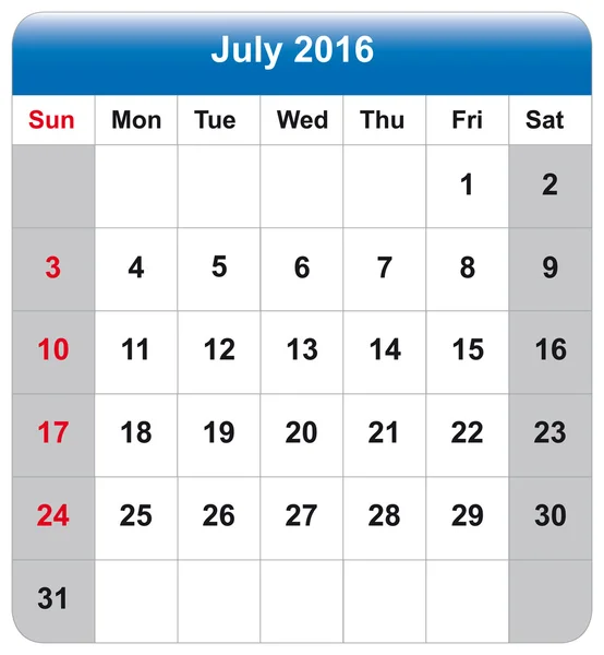 Takvim sayfası Temmuz 2016 — Stok Vektör