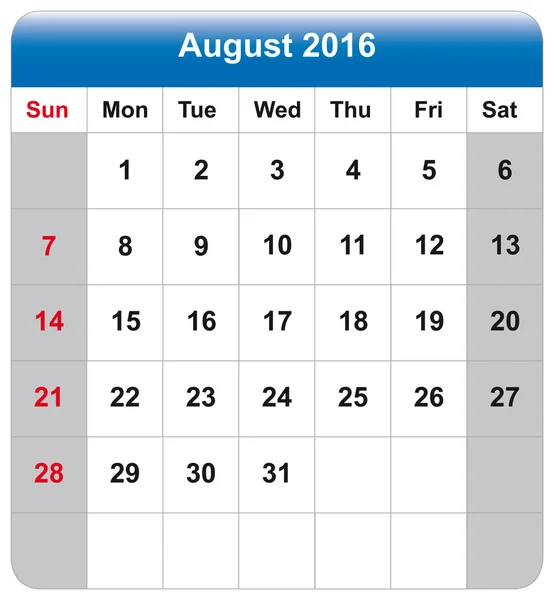 Takvim sayfası Ağustos 2016 — Stok Vektör