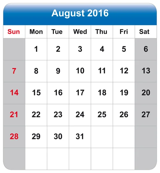 Folha de calendário agosto 2016 — Vetor de Stock