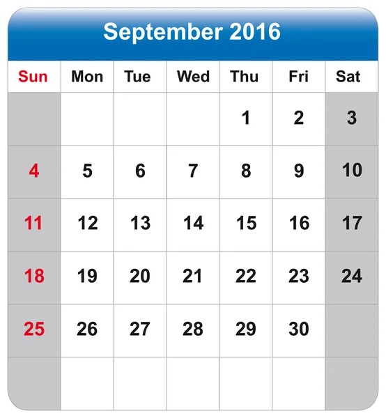 Folha de calendário setembro 2016 —  Vetores de Stock