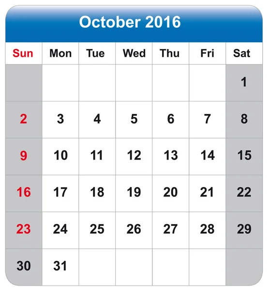 Fiche calendrier octobre 2016 — Image vectorielle