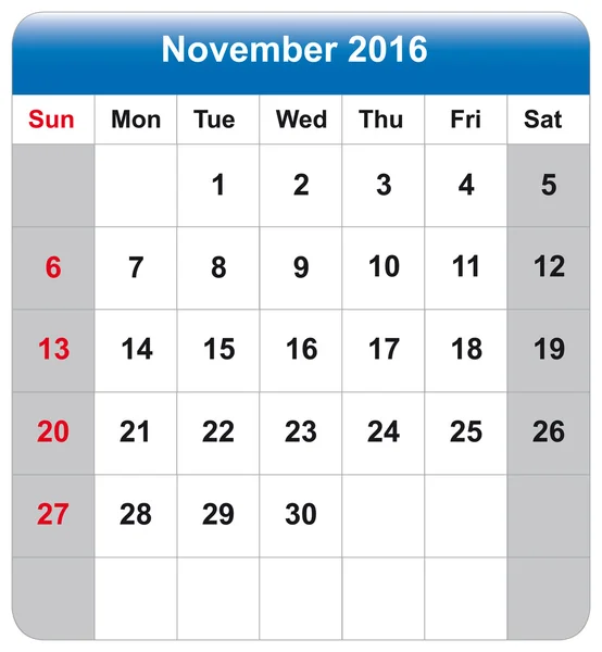 Fiche calendrier novembre 2016 — Image vectorielle