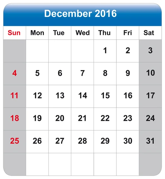 Scheda calendario dicembre 2016 — Vettoriale Stock