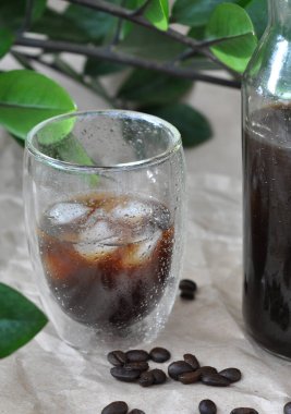 Kahve çekirdekleri ve yeşil yapraklı taze buzlu kahve.