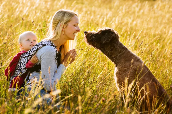 Anne, kızı ve bir köpek bir çayırda