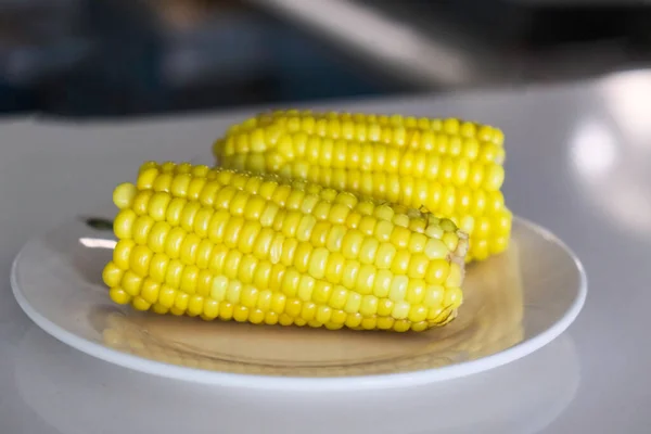 Hot boiled corn on a white plate — Stock Photo, Image