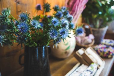 Bir dekoru ve çiçekçinin vitrininde vazoda duran bir buket mavi kafa