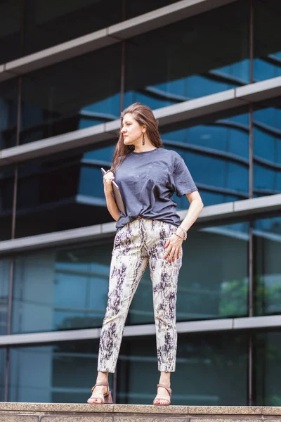 Retrato de cabello largo marrón mujer bonita o mujer de negocios en casual inteligente con cuaderno al aire libre con edificios de oficinas en el fondo —  Fotos de Stock