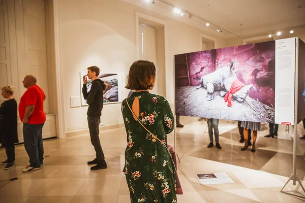 Budapest, Hungría - Oktober, 2018: Personas que visitan la exposición World Press Photo en el Museo Nacional Húngaro en Budapest, Hungría Fotos De Stock Sin Royalties Gratis