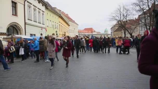 BUDAPEST, 15 MARCH 2019 umělci vystupující na chůdách na náměstí v Budínském hradě v den maďarské revoluce v roce 1848 v Budapešti, Maďarsko — Stock video