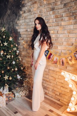 Kış tatili kutlamasını bekleyen giyinmiş genç bir bayan.