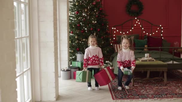 두 아이가 크리스마스 선물을 던지고 함께 즐거운 시간을 보내고 있습니다 — 비디오