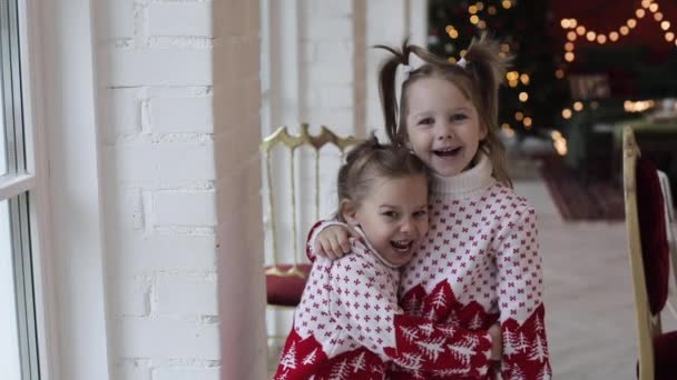 Carino sorelline in piedi a casa e abbracci, godendo di Natale — Video Stock