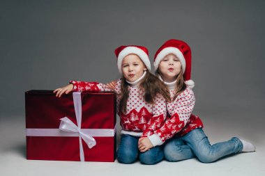 Noel Baba şapkalı şirin kız kardeşler.