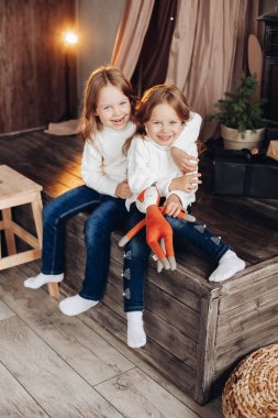 İki prretty kız bir oyuncakla birlikte oynuyorlar.