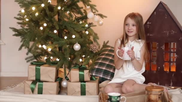 A cute little girl drinks cacao from a cup and sits next to a Christmas tree — 비디오