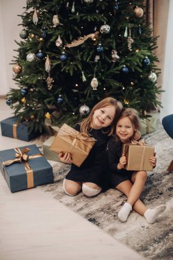 Ağacın altında Noel hediyeleri olan güzel kardeşler..