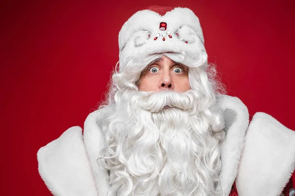 Surprised shocked Santa Claus, wondering senior male with gray beard, close up studio portrait on red background — Stock Photo, Image