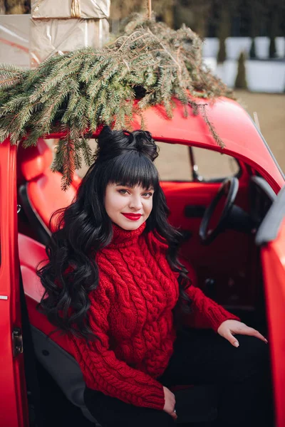 검은 머리의 소녀는 겨울에 아름다운 빨간 차에 앉아 — 스톡 사진