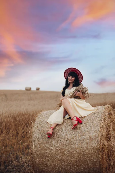 Beautfiul jovem mulher senta-se no grande palheiro no campo — Fotografia de Stock