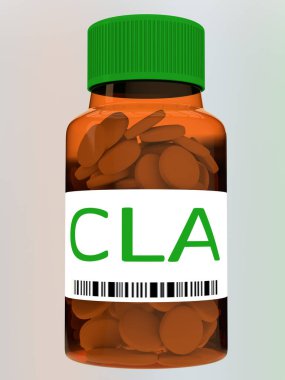 3D illustration of CLA title on pill bottle, isolated over pale colored background. clipart