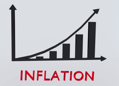 Bir sütun çubuğu grafiği altında Gri gradyan üzerinde izole edilmiş INFLATION 'un 3B illüstrasyonu.