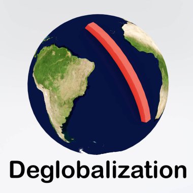 Kıtalar arasındaki sembolik kırmızı duvar bağlantısıyla dünyanın 3 boyutlu illüstrasyon modeli ile küreselleşme metni. NASA tarafından desteklenen bu görüntünün elementleri.