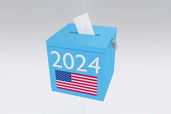 3D illustration of 2024 script on a ballot box, and an voting envelope been inserted into the ballot box, isolated over a gray gradient