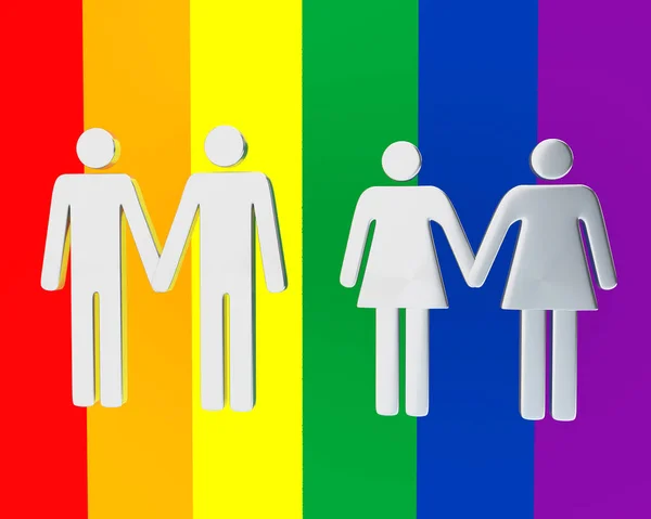 Lgbtの旗の上に隔離された2人の同性カップルの3Dイラスト — ストック写真