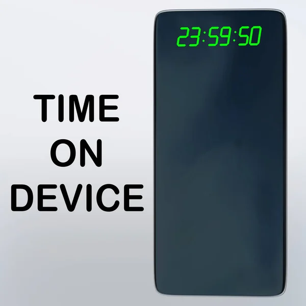 時間表示付きスマートフォンの横にあるデバイスタイトル上の時間の3Dイラスト 灰色のグラデーション上に隔離されました — ストック写真