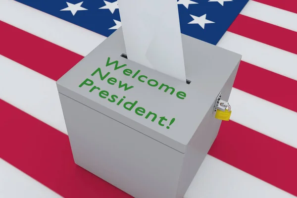 Ilustracja Powitania Nowego Prezydenta Skrypt Urnie Głosowania Flagą Usa Jako — Zdjęcie stockowe