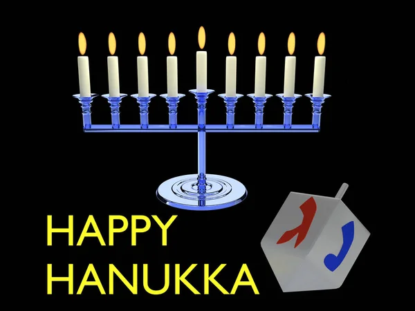 Ilustrace Happy Hanukkah Skript Spolu Osmi Svíčkami Svícnu Dreidlem Izolované — Stock fotografie