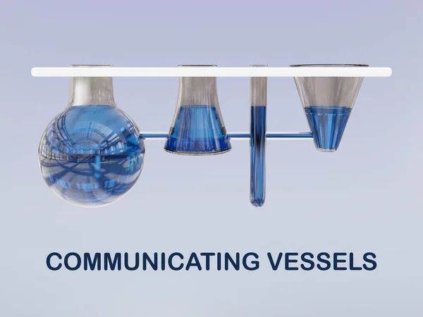 四个相互关联的玻璃容器中含有蓝色液体 在蓝色梯度上隔离 这与通信Vessels概念脚本的三维说明 — 图库照片