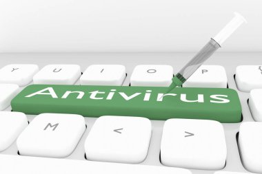 Şırıngayla birlikte üzerinde antivirüs yazan 3 boyutlu bilgisayar klavyesi çizimi.