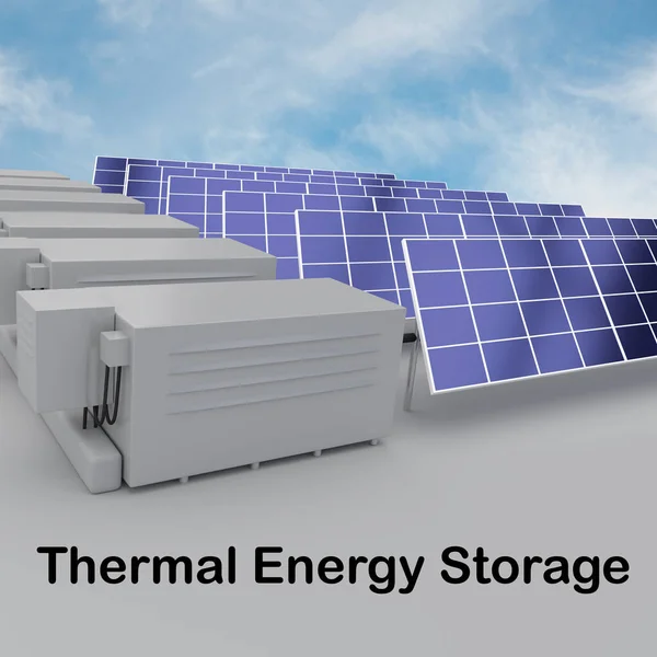 带蓄电装置的太阳能电池板的三维图解 以及其下方的热能量存储脚本 — 图库照片