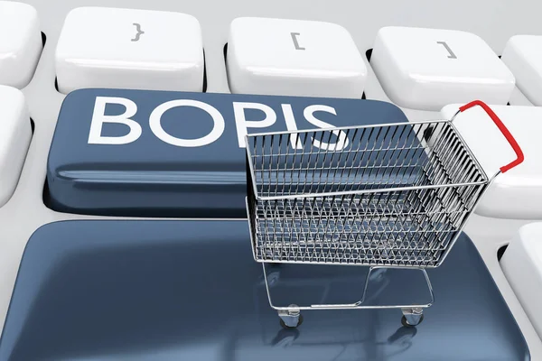 3D illustration of a shopping cart placed on computer keyboard with the script BOPIS